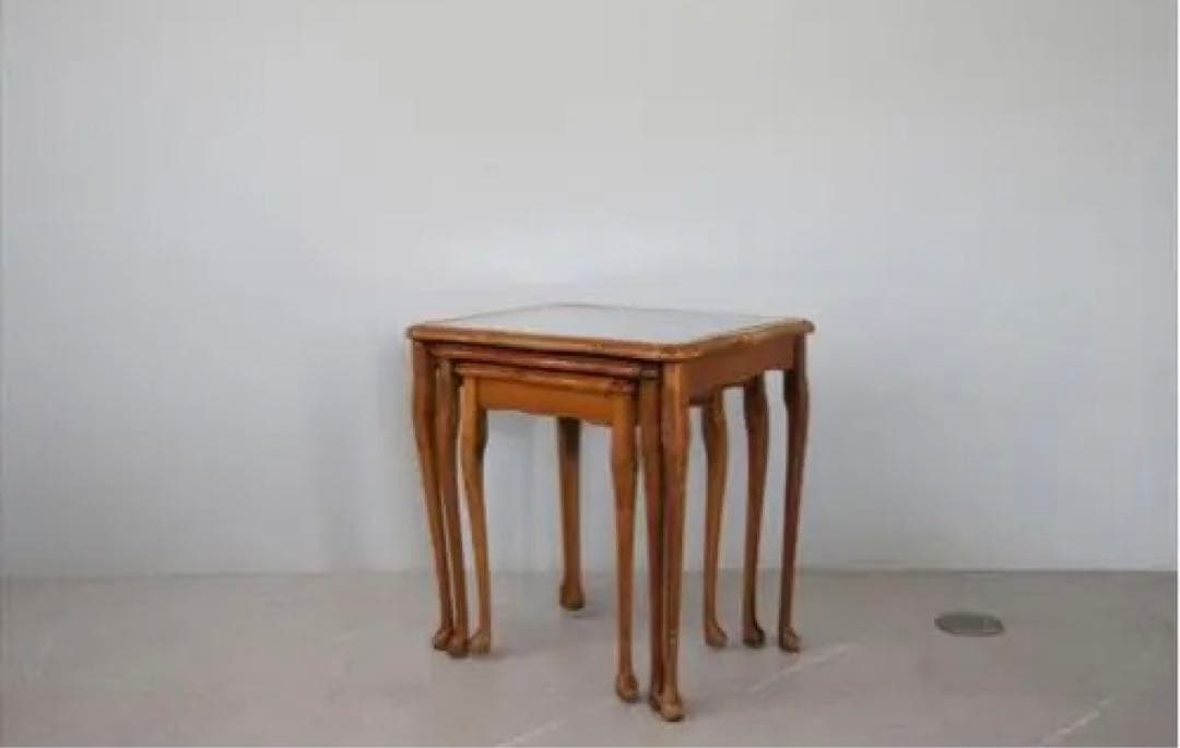 英国アンティーク猫脚ネストテーブル3台/木製机/サイドテーブル(88-211)
