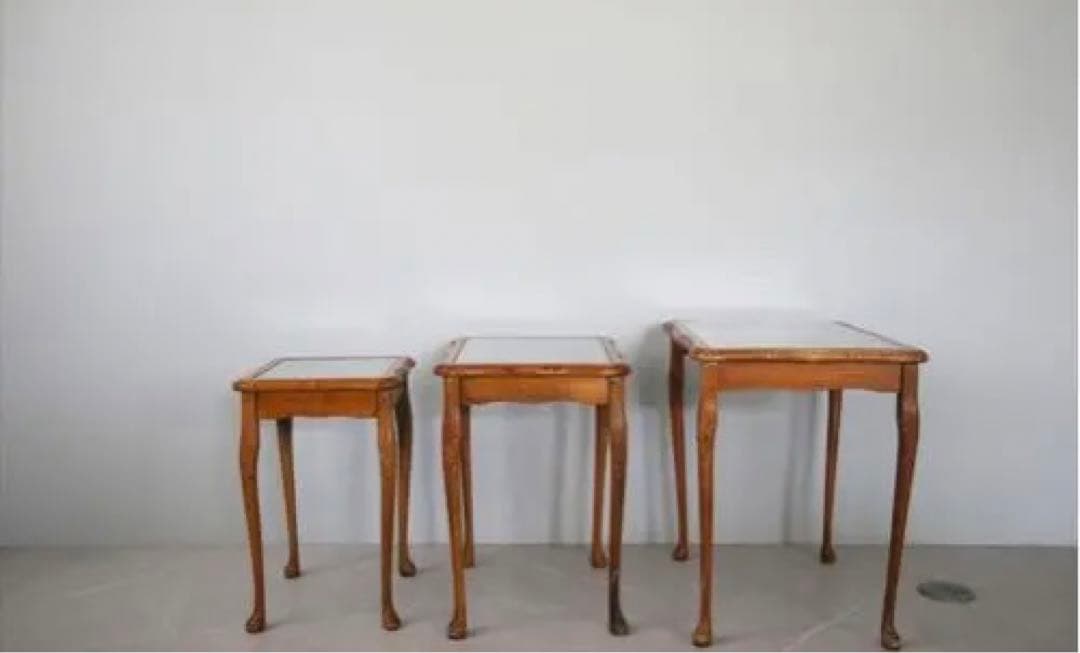英国アンティーク猫脚ネストテーブル3台/木製机/サイドテーブル(88-211)