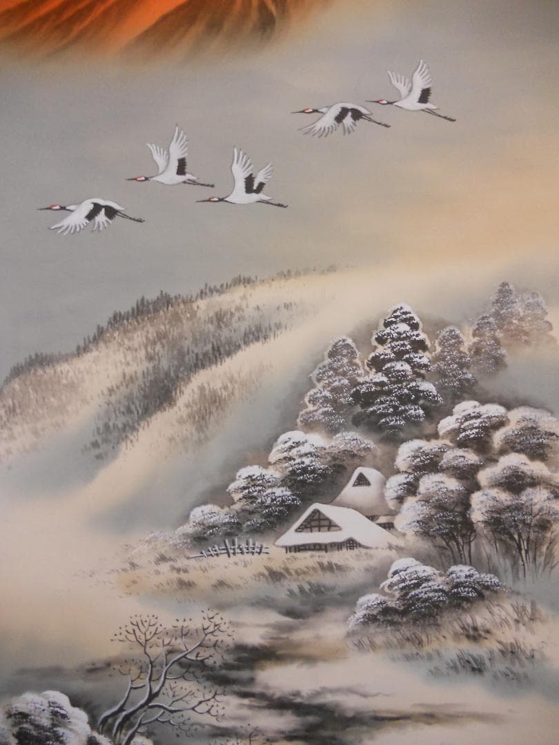 掛け軸 淸甫 富士五鶴之図 絹本 希少 軸装 茶道具 掛軸 美品 です。