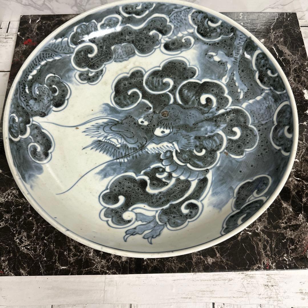 染め付け、雲竜、大皿。珍品。サービス、箱付き！。
