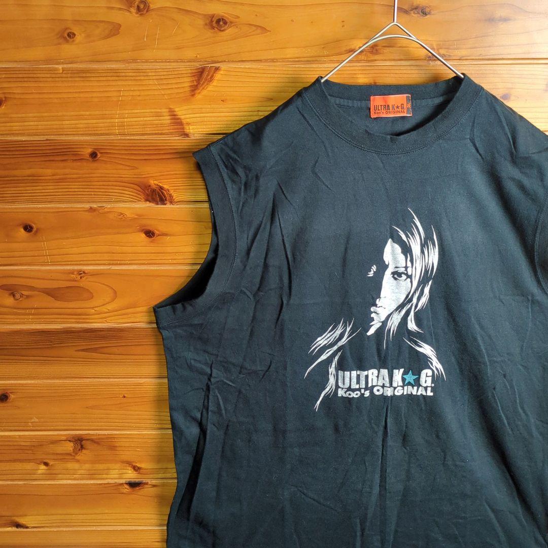 タンクトップ　ノースリーブトップス　ヒスガール風　女性　黒　3L　2XL　古着