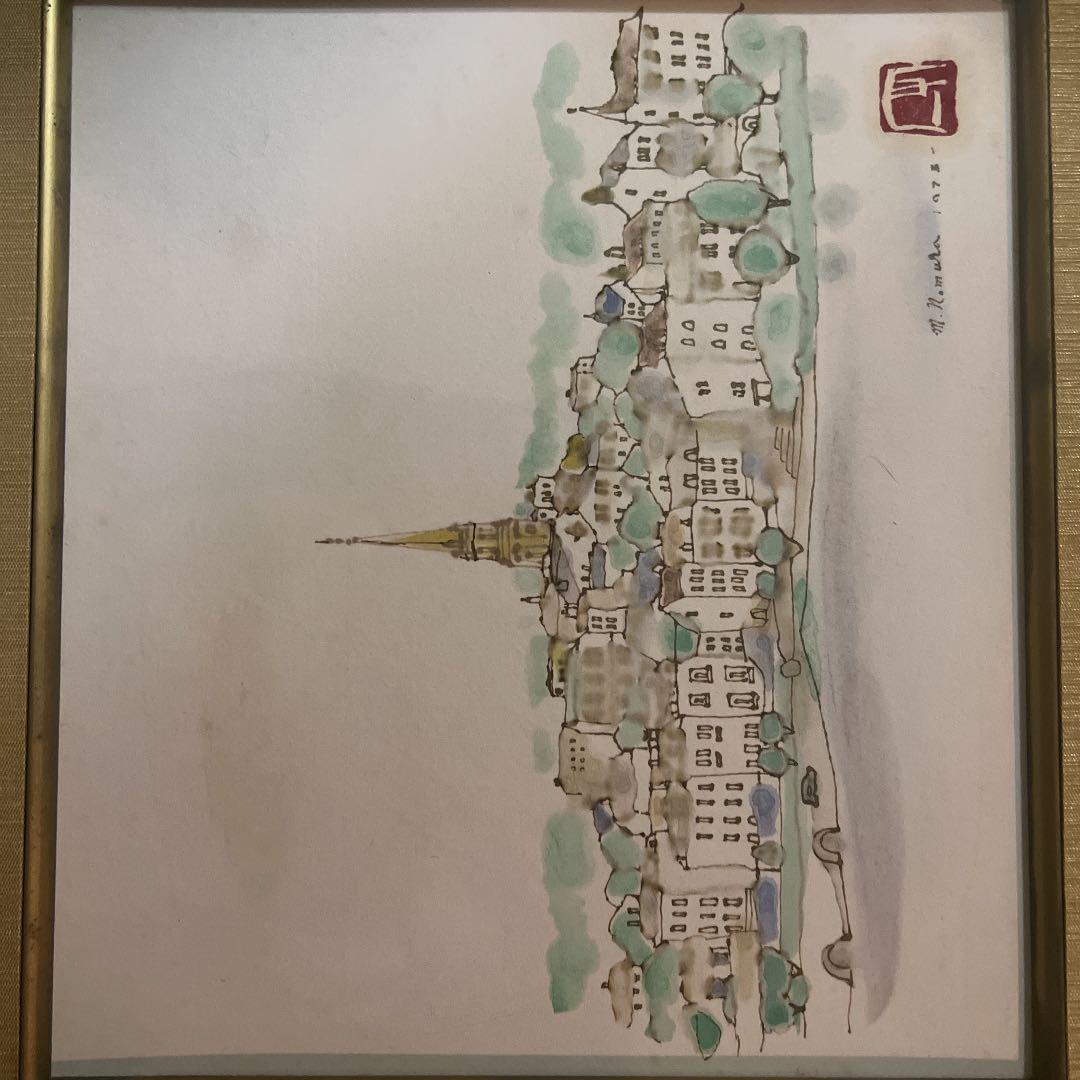 野村守夫 水彩画 【塔の見える風景】