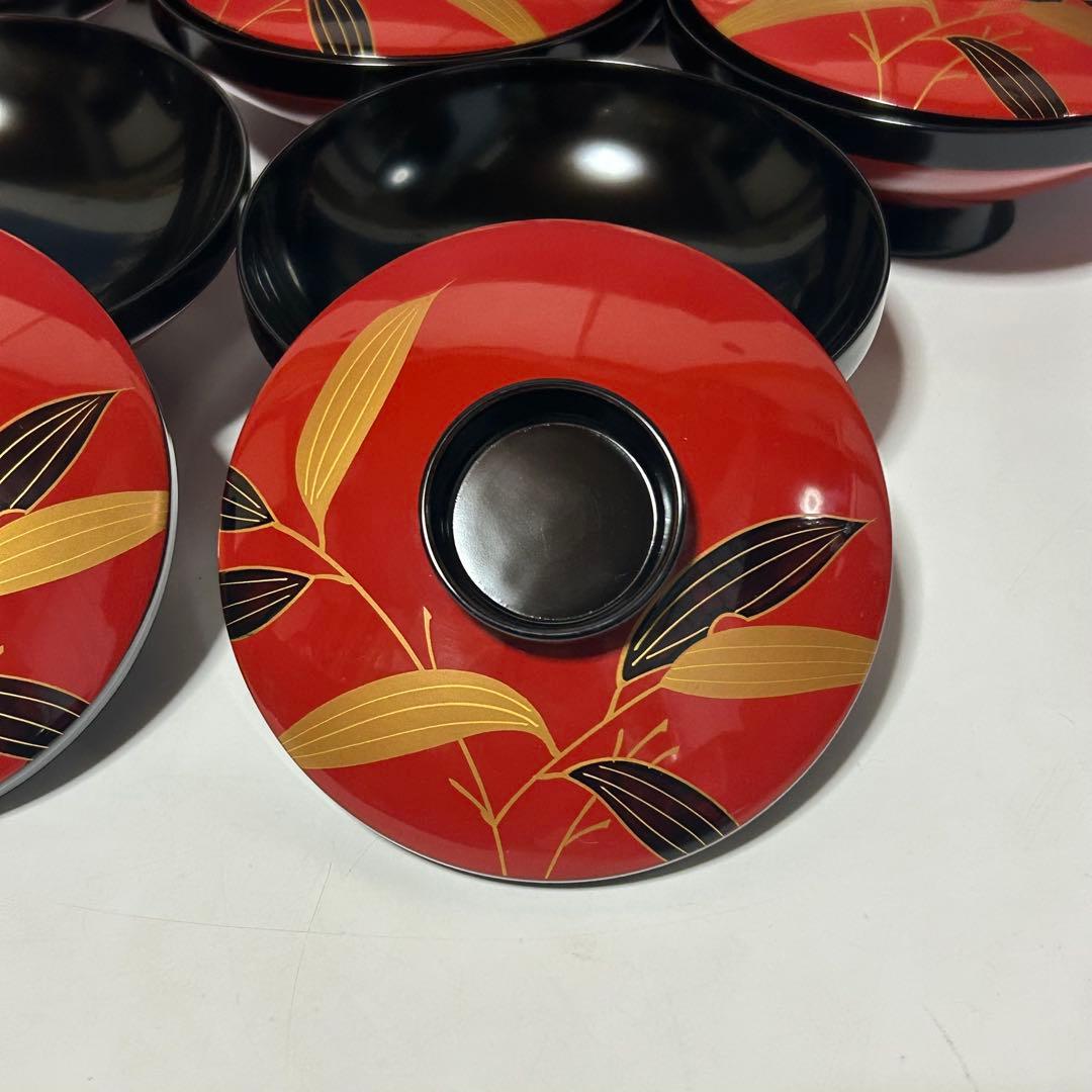 輪島塗　天然木 漆器 蒔絵 多用椀 5個セット 赤と黒 葉模様