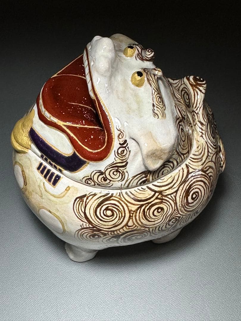 乾山　獅子　香炉　山崎窯　浅野紫仙　作　共箱　黄布　茶道具