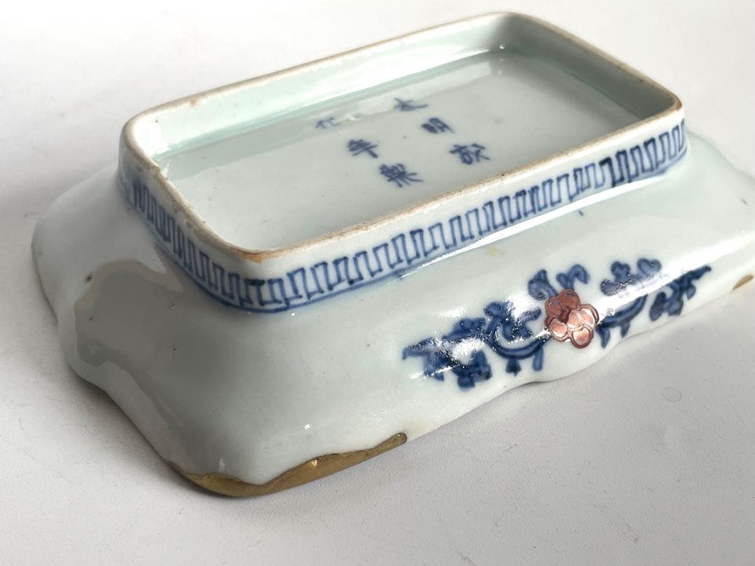 骨董　アンティーク　古伊万里　鍋島　色絵　椿図　変形皿　角皿　小皿