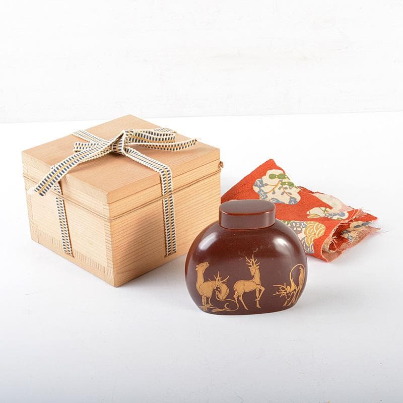 煎茶道具　漆塗　鹿蒔絵　茶壷　桐箱付　V　R5451