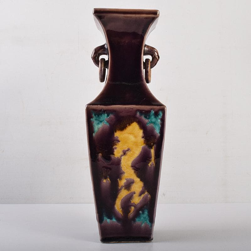 交趾焼　紫交趾　龍文　遊環双耳四方瓶　M　R7672B