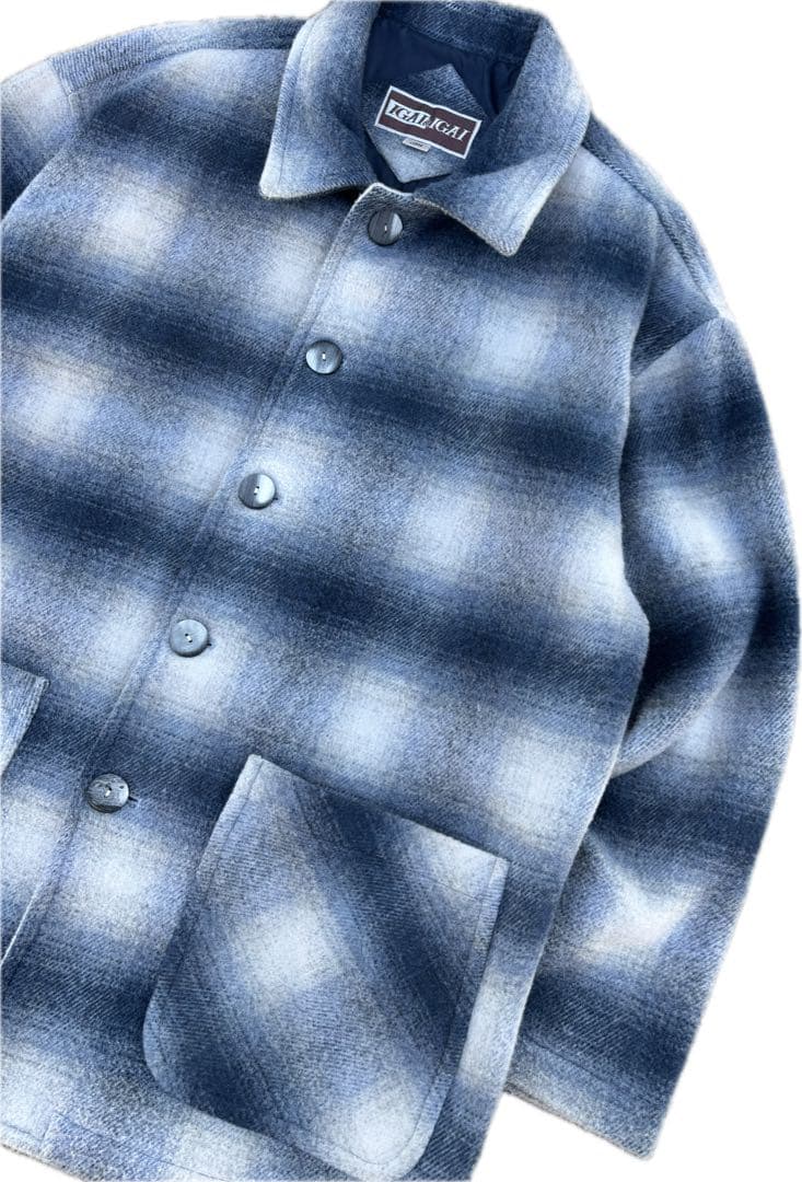 【至高の青】ビンテージ オンブレチェック ウールジャケット 裏キルト L