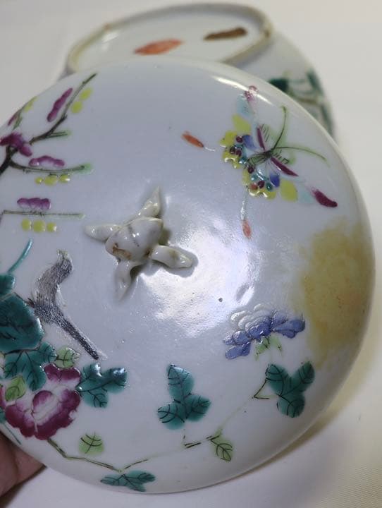 中国　清朝期　粉彩蓋器　喜上梅梢　アンティーク　木箱付0905