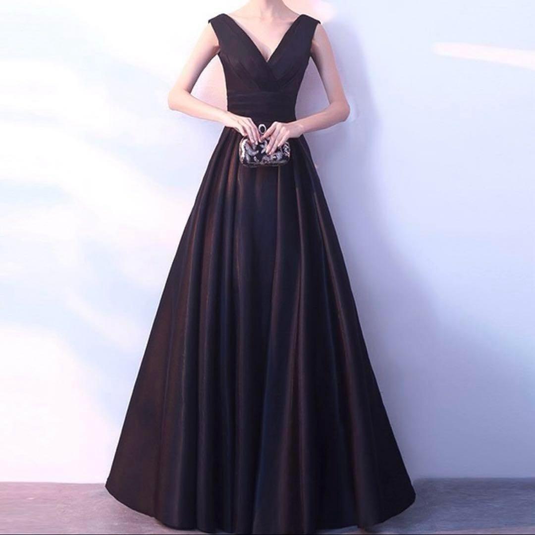 上品ブラック ロングドレス Vネック パーティー 発表会