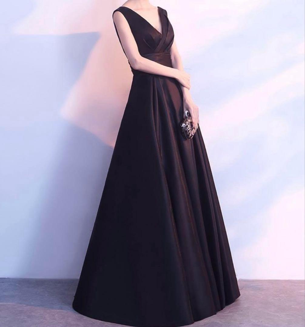 上品ブラック ロングドレス Vネック パーティー 発表会