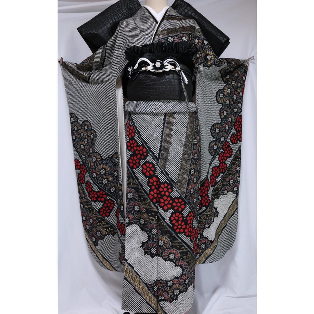 総絞り黒振袖7点セット■166.5cm帯新品帯締め帯揚げフルセット成人式RS20