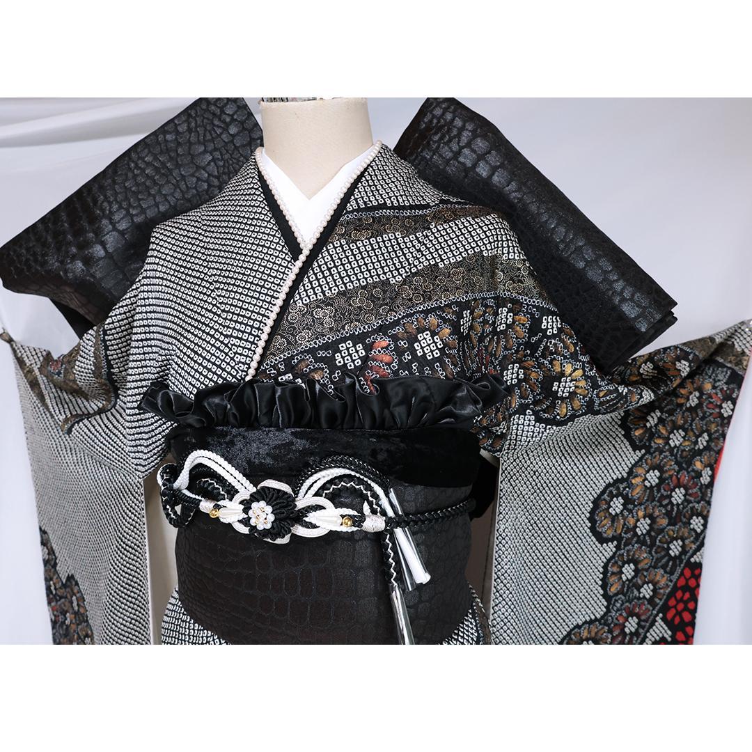 総絞り黒振袖7点セット■166.5cm帯新品帯締め帯揚げフルセット成人式RS20