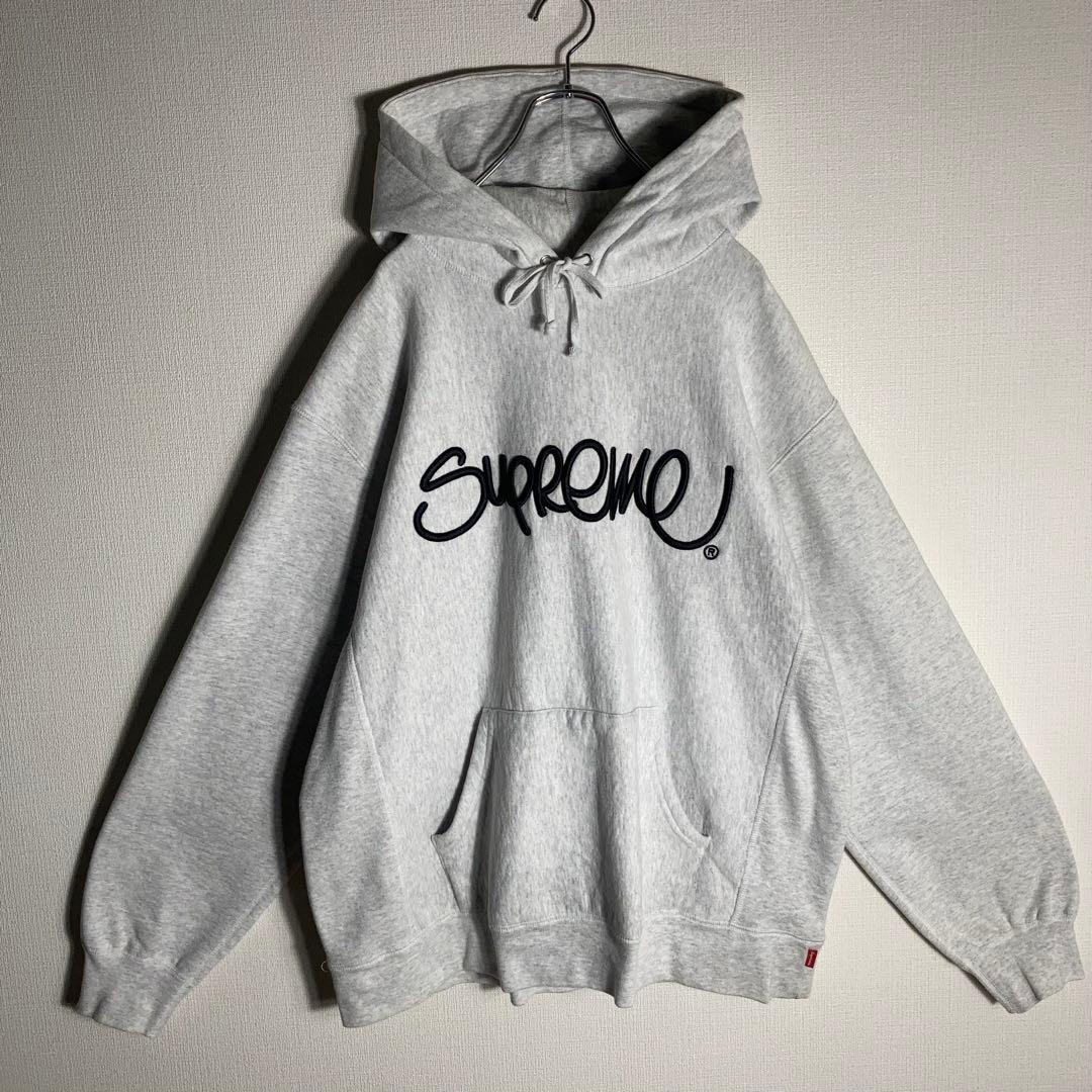 SUPREME プルオーバーパーカー ビッグロゴ 刺繍 アッシュグレー L.