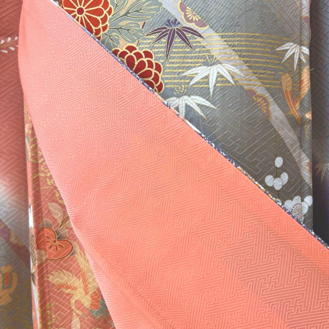 346 振袖フルセット 正絹 サーモンピンク くすみ グレー 金彩 暈し染め 桃