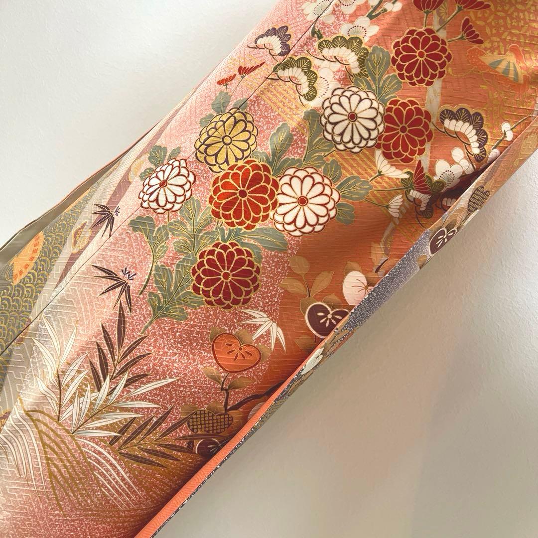 346 振袖フルセット 正絹 サーモンピンク くすみ グレー 金彩 暈し染め 桃