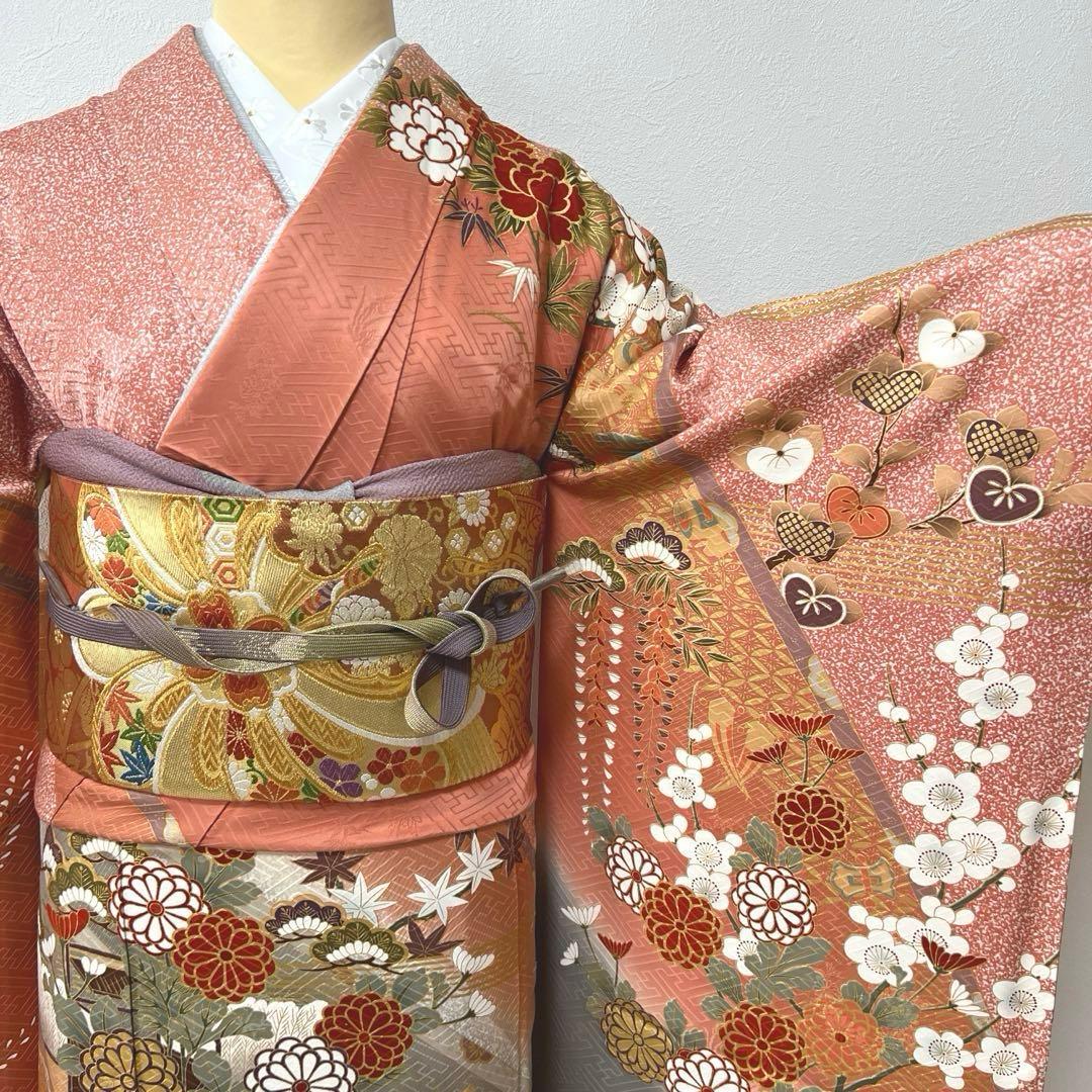 346 振袖フルセット 正絹 サーモンピンク くすみ グレー 金彩 暈し染め 桃