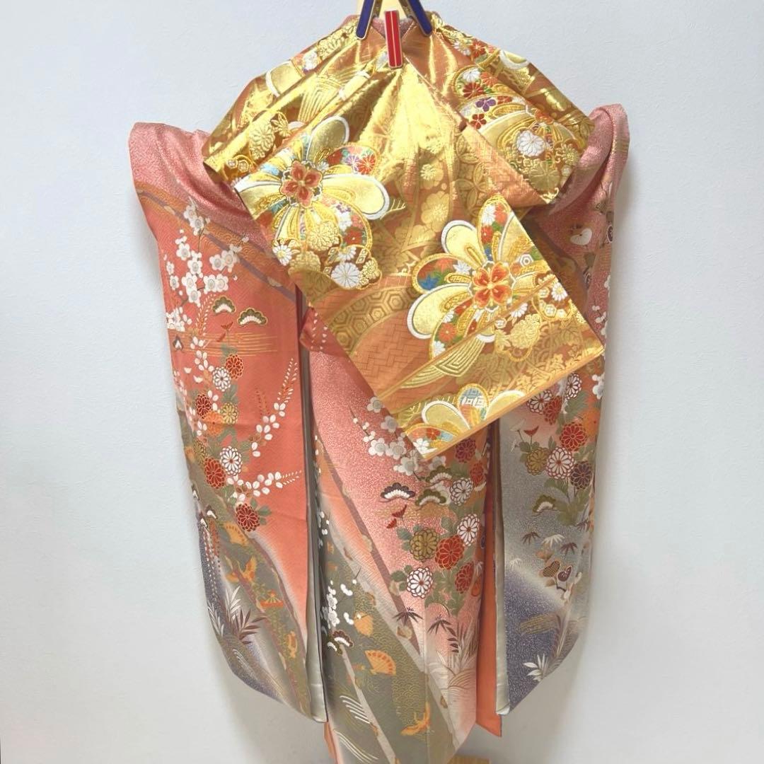 346 振袖フルセット 正絹 サーモンピンク くすみ グレー 金彩 暈し染め 桃