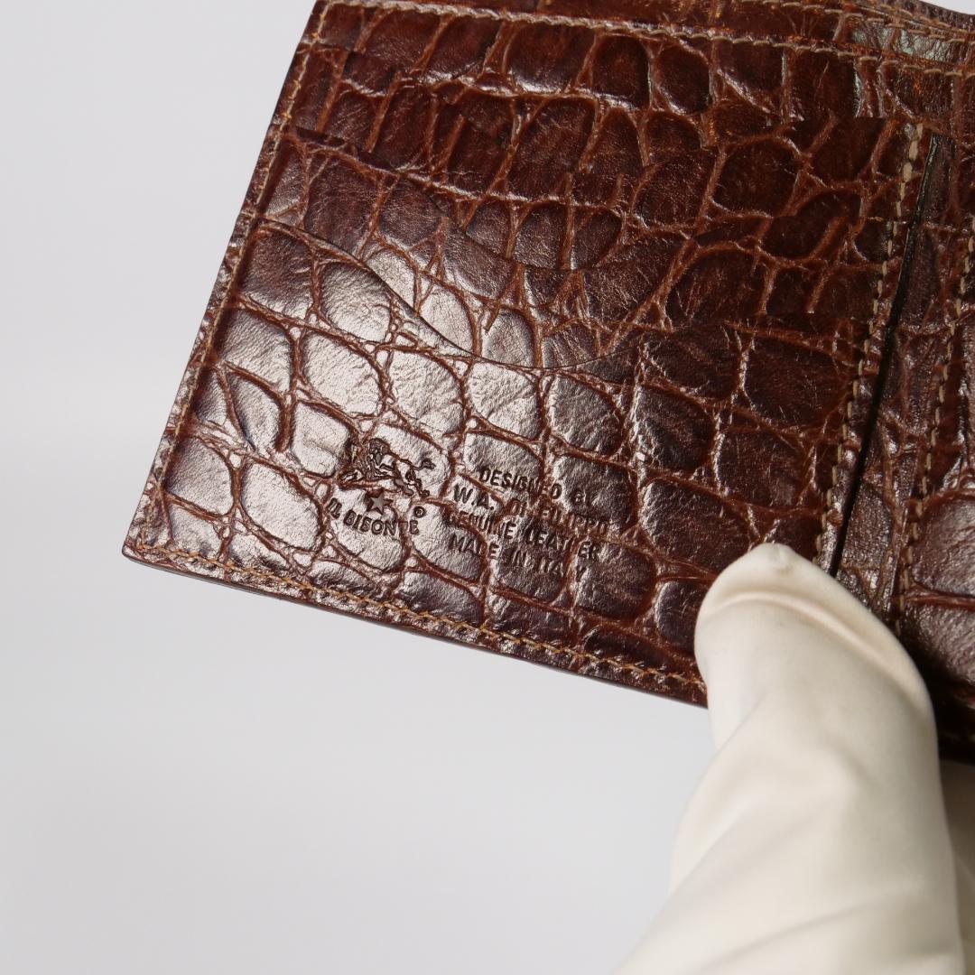 極美品✨イルビゾンテ 二つ折り 財布 クロコ型押し ロゴ刻印 ダークブラウン