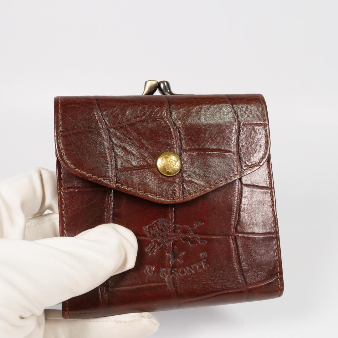極美品✨イルビゾンテ 二つ折り 財布 クロコ型押し ロゴ刻印 ダークブラウン