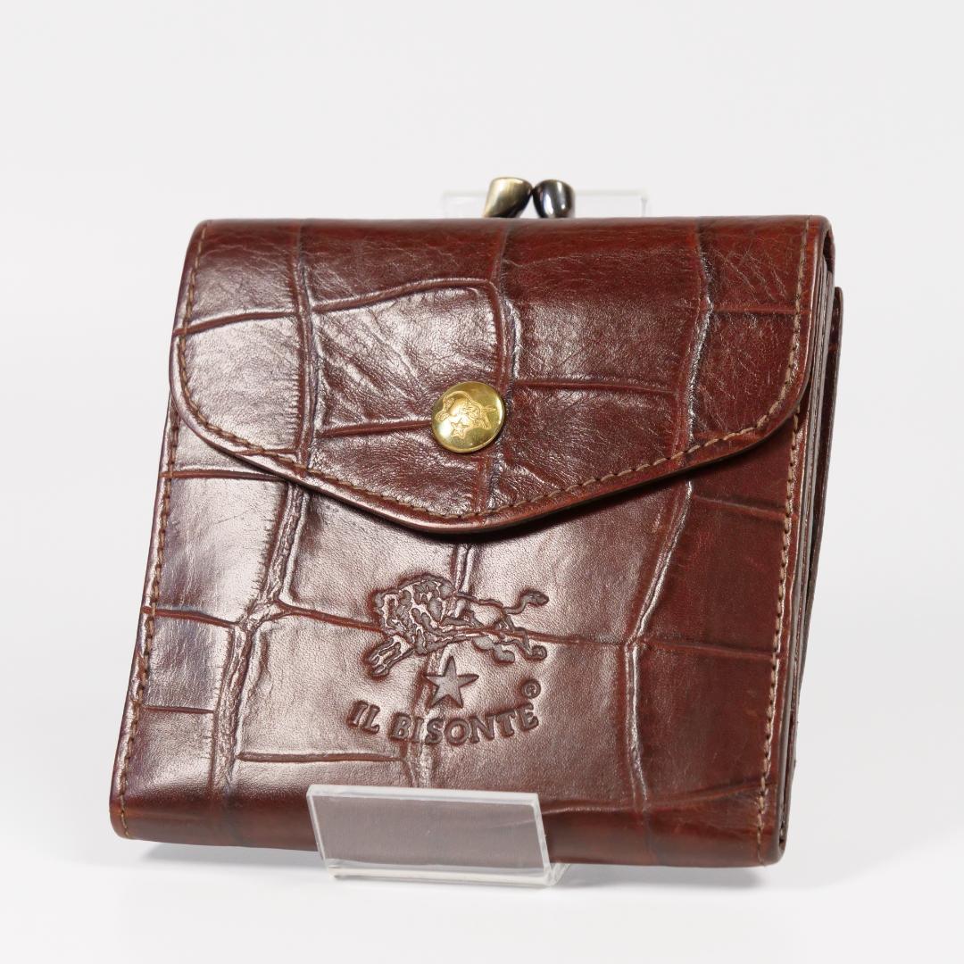 極美品✨イルビゾンテ 二つ折り 財布 クロコ型押し ロゴ刻印 ダークブラウン