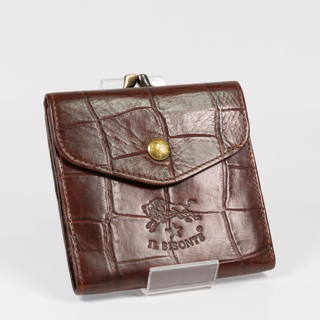 極美品✨イルビゾンテ 二つ折り 財布 クロコ型押し ロゴ刻印 ダークブラウン