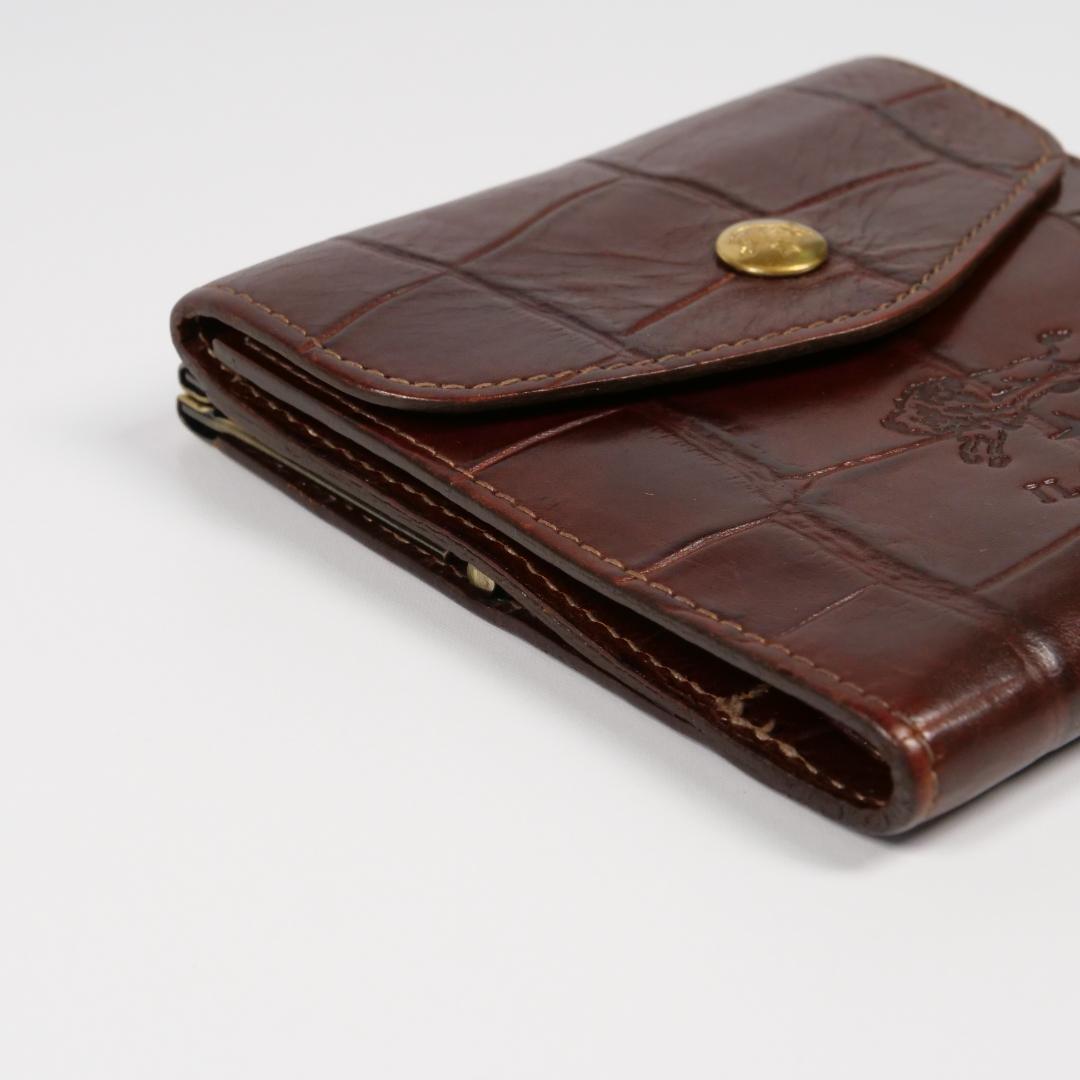 極美品✨イルビゾンテ 二つ折り 財布 クロコ型押し ロゴ刻印 ダークブラウン