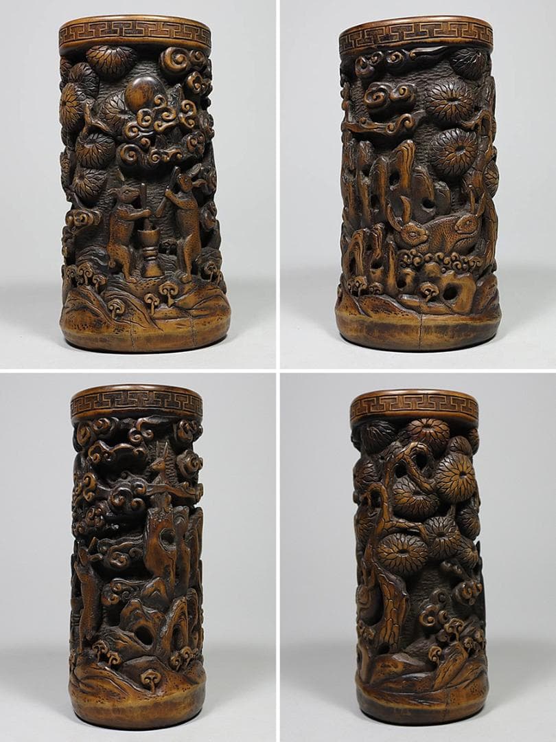 【竹】　★ 竹木 唐竹彫玉兎搗葯紋筆筒 ★　李朝期　月兎桂樹 彫刻文様　韓国珍玩