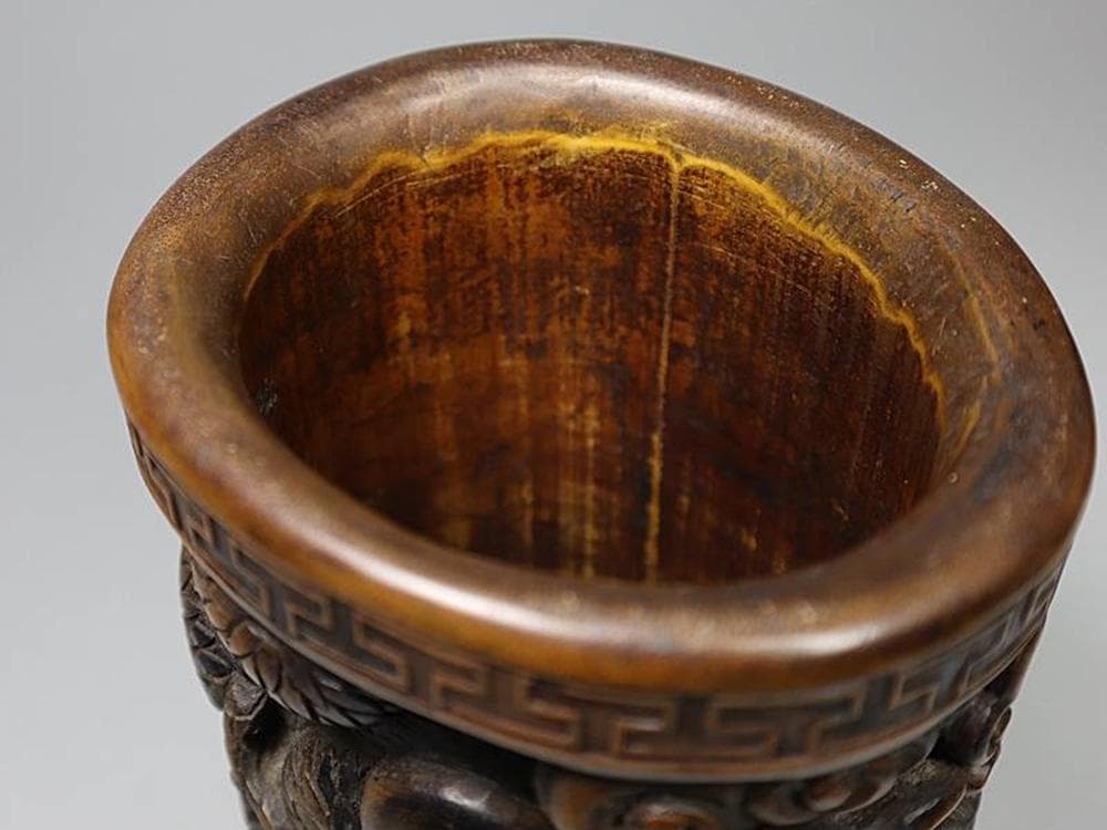 【竹】　★ 竹木 唐竹彫玉兎搗葯紋筆筒 ★　李朝期　月兎桂樹 彫刻文様　韓国珍玩