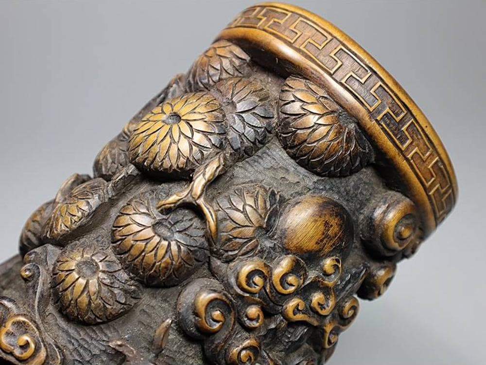 【竹】　★ 竹木 唐竹彫玉兎搗葯紋筆筒 ★　李朝期　月兎桂樹 彫刻文様　韓国珍玩