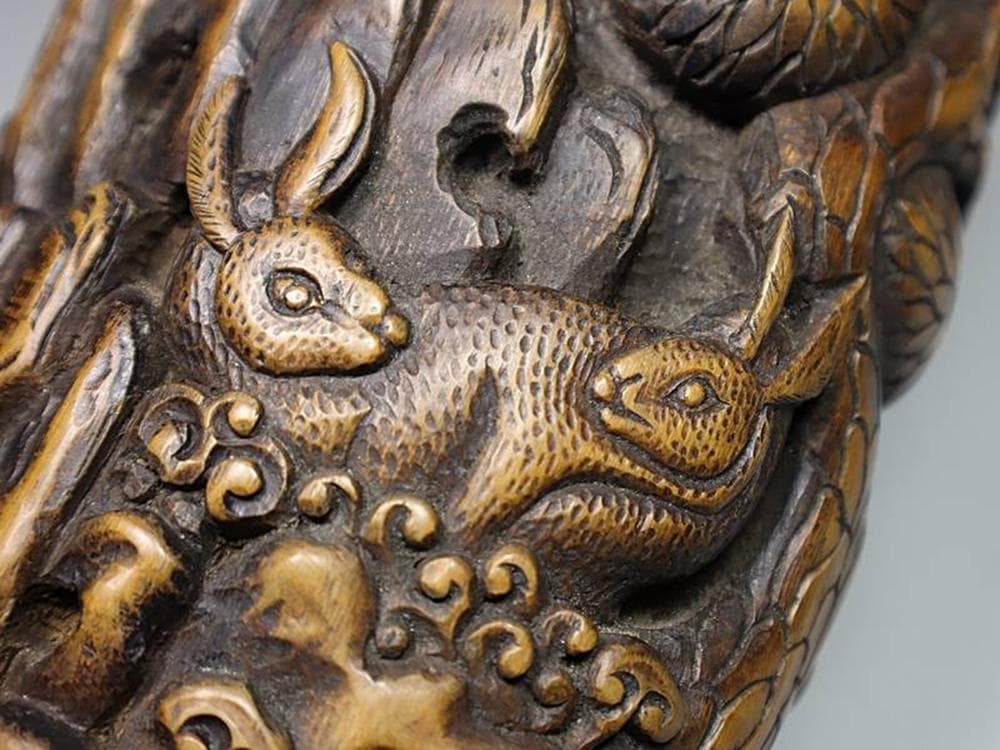 【竹】　★ 竹木 唐竹彫玉兎搗葯紋筆筒 ★　李朝期　月兎桂樹 彫刻文様　韓国珍玩