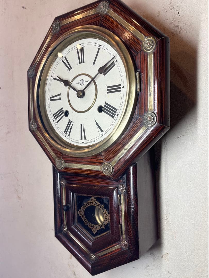 国産八角　鋲付　柱時計　古時計　振り子　アンティーク時計　レトロ　精工舎　雑貨