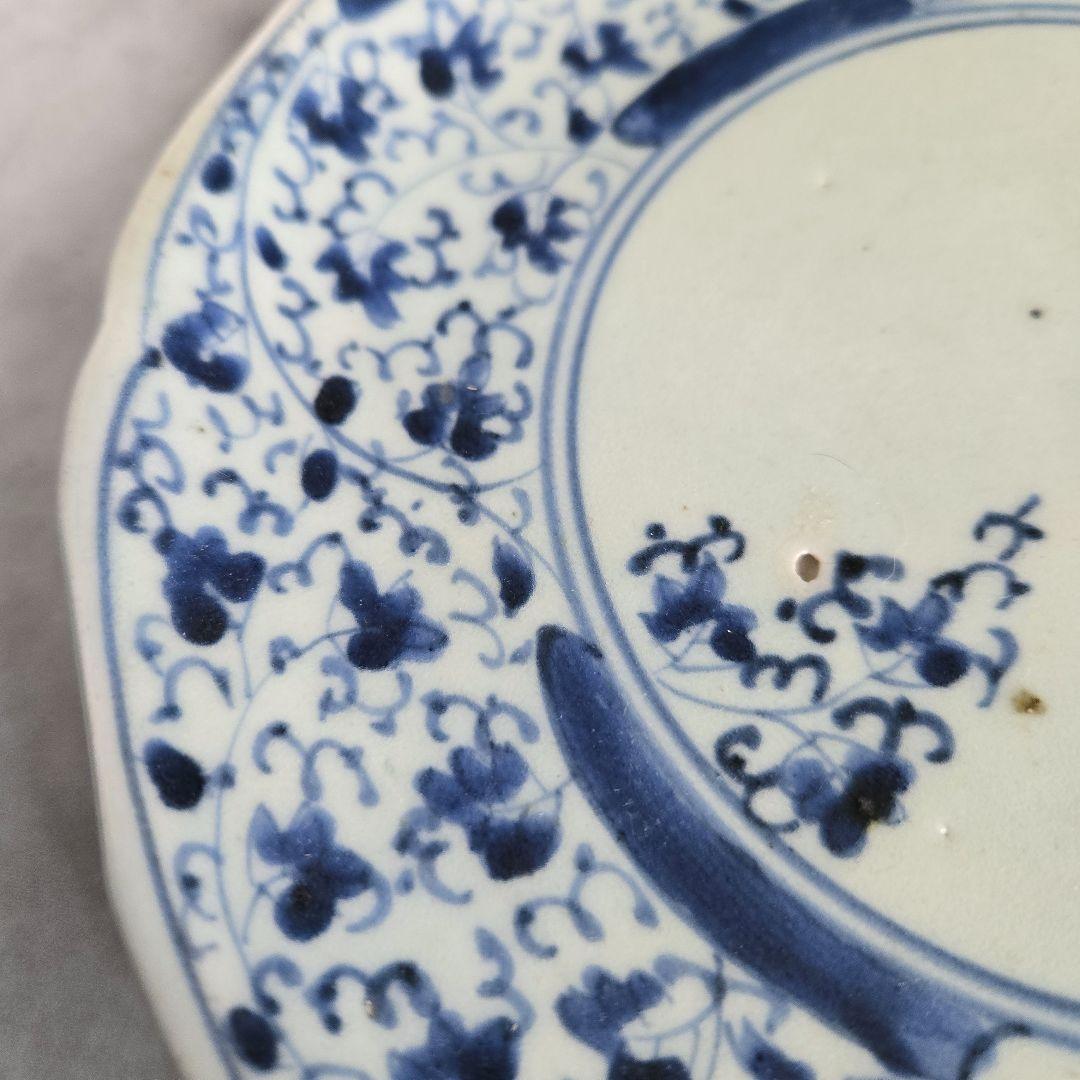 古伊万里　染付　七寸皿　江戸時代　花唐草　　金直し　金継ぎ　骨董　アンティーク