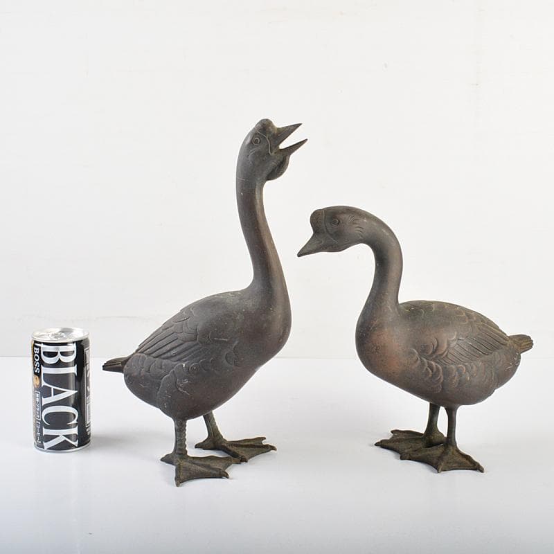 金工　秀山作　鋳銅　家鴨　アヒル　置物　一對　重さ合計約3.2㎏　G　R7513