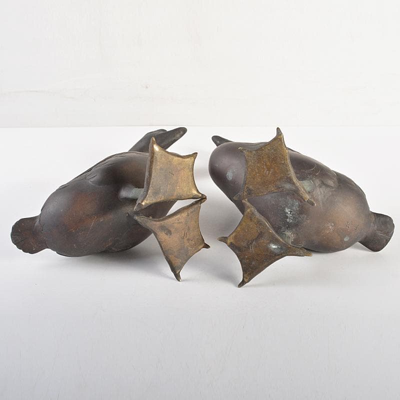 金工　秀山作　鋳銅　家鴨　アヒル　置物　一對　重さ合計約3.2㎏　G　R7513