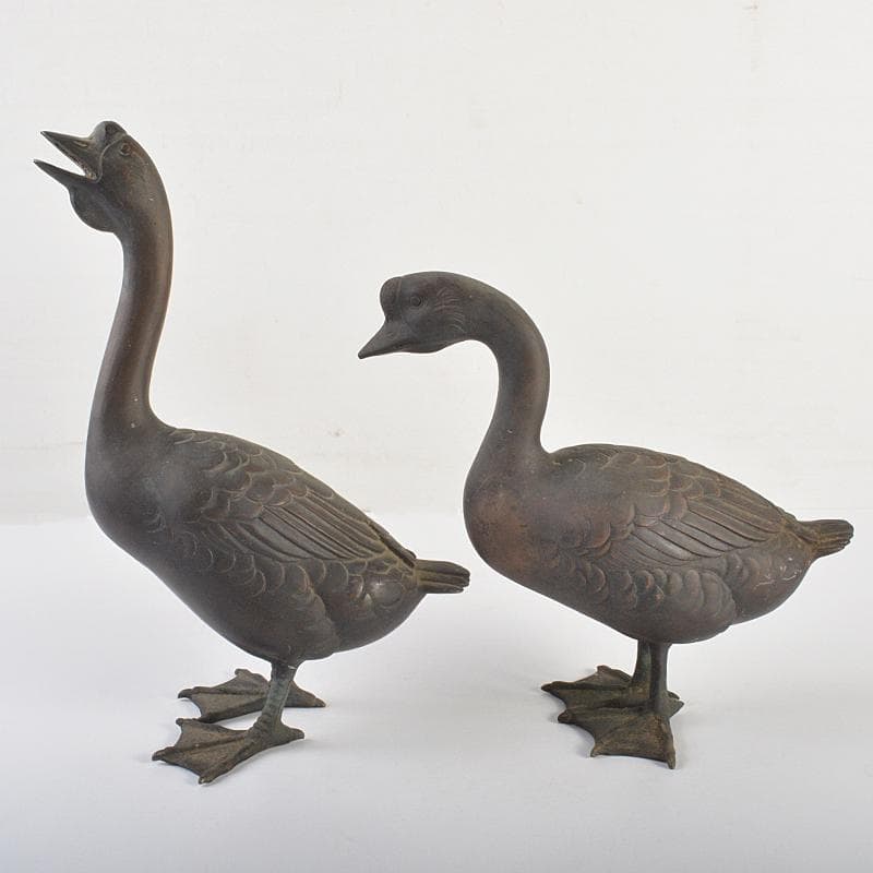 金工　秀山作　鋳銅　家鴨　アヒル　置物　一對　重さ合計約3.2㎏　G　R7513