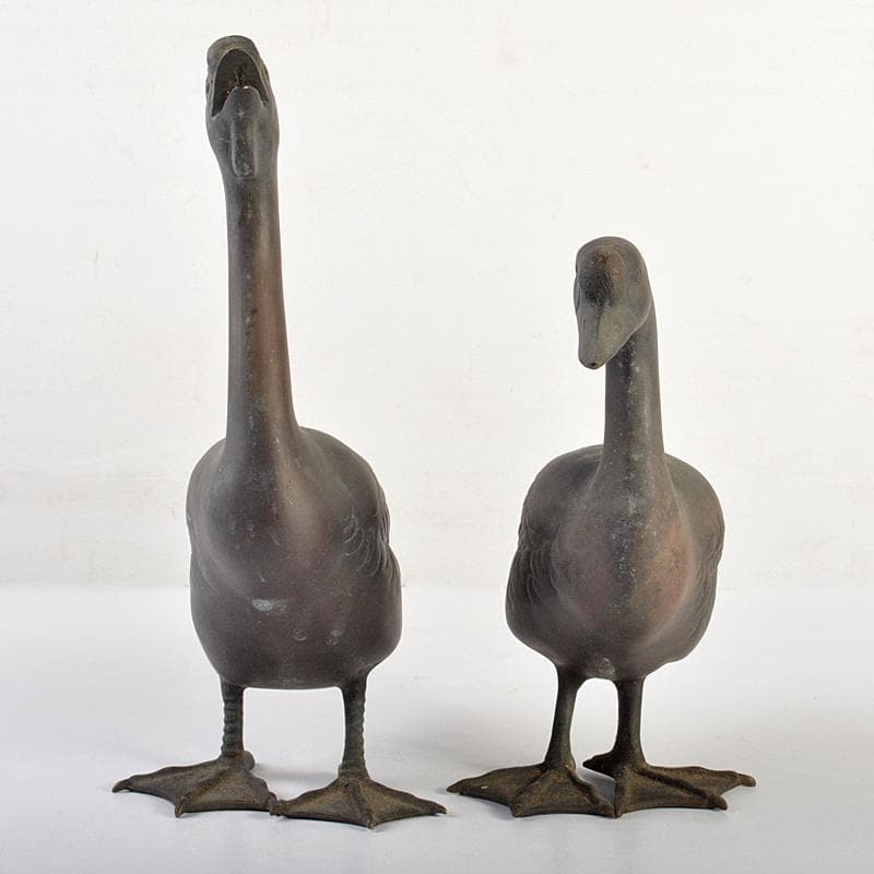 金工　秀山作　鋳銅　家鴨　アヒル　置物　一對　重さ合計約3.2㎏　G　R7513