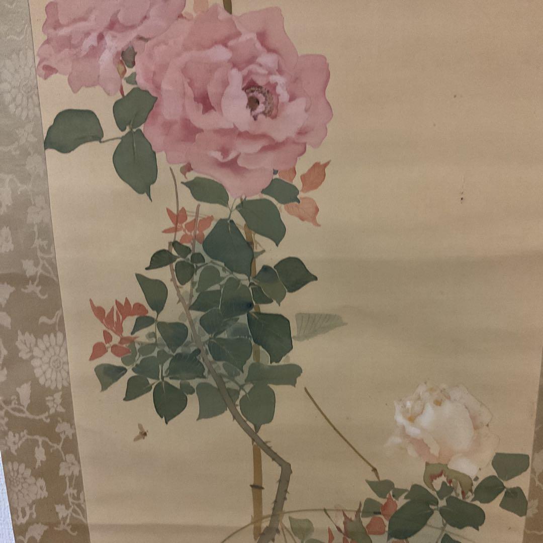 作者不詳作 絹本 花鳥画 【薔薇に花虻図】 表具 作品共経年経過