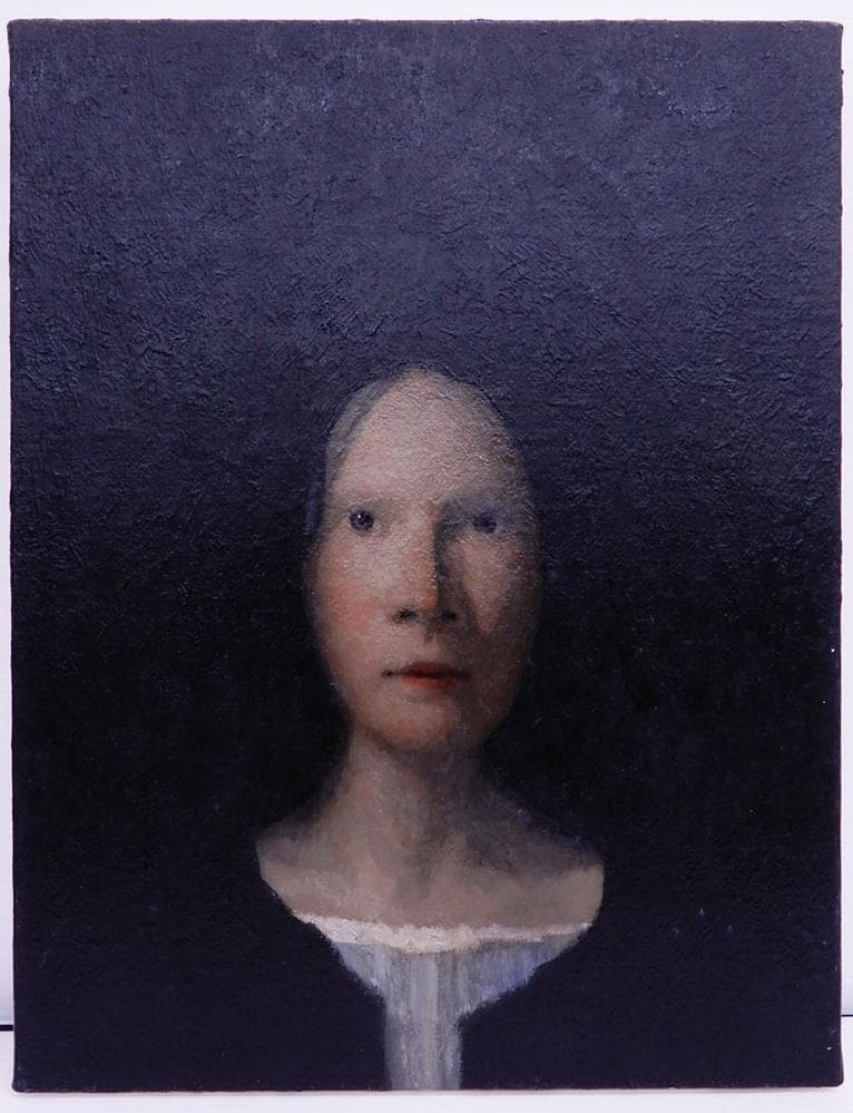 今夜だけ　一枚の檜　柏田忠 ー　「黒い髪とカーディガン」 油彩 人物画 F6号