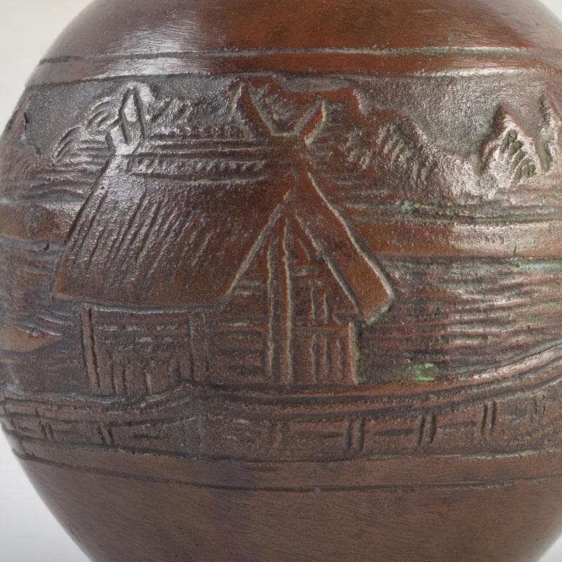 久保田吉太郎作　銅製　山水楼閣文瓶　花瓶　共箱　C　9165