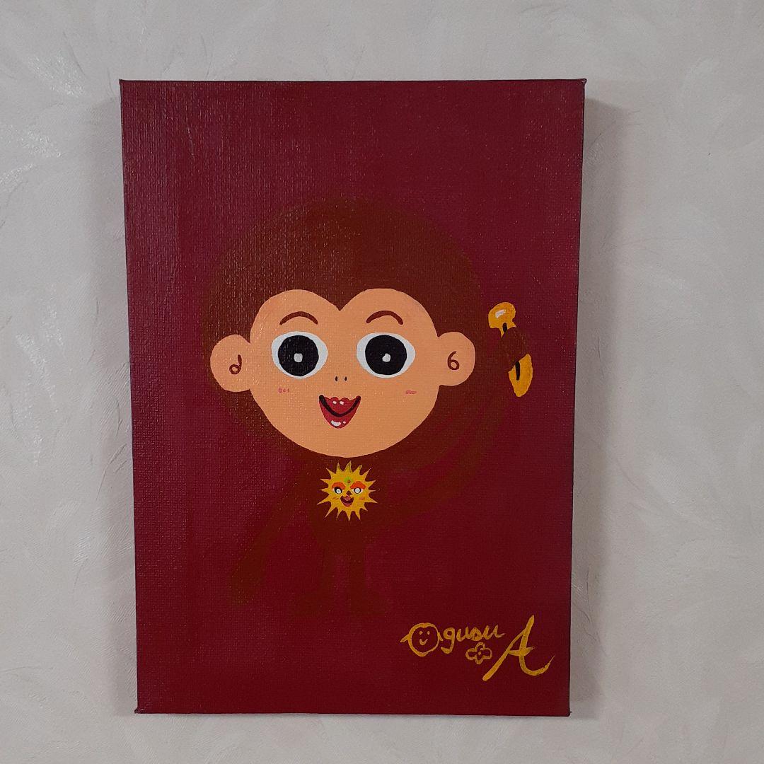 ハッピーモンキー　エンジの背景　サムホールサイズ　アクリルガッシュ　小楠アキコ