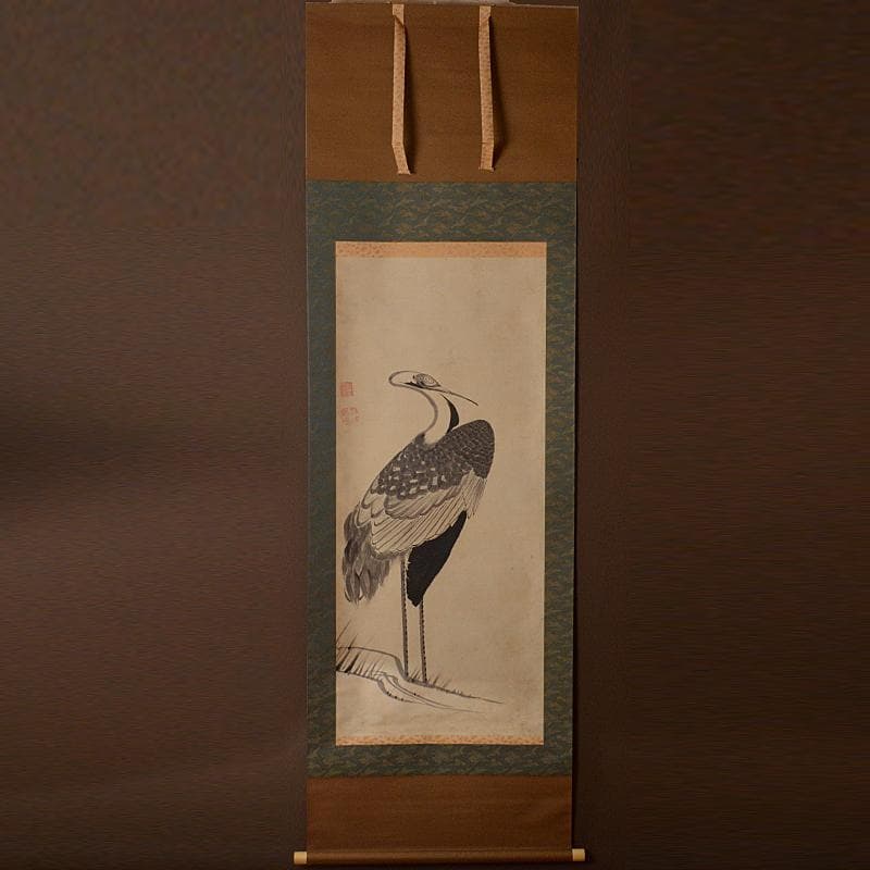 掛軸　伊藤若冲筆　水墨画　鶴図　紙本　二重箱　G　R7656B