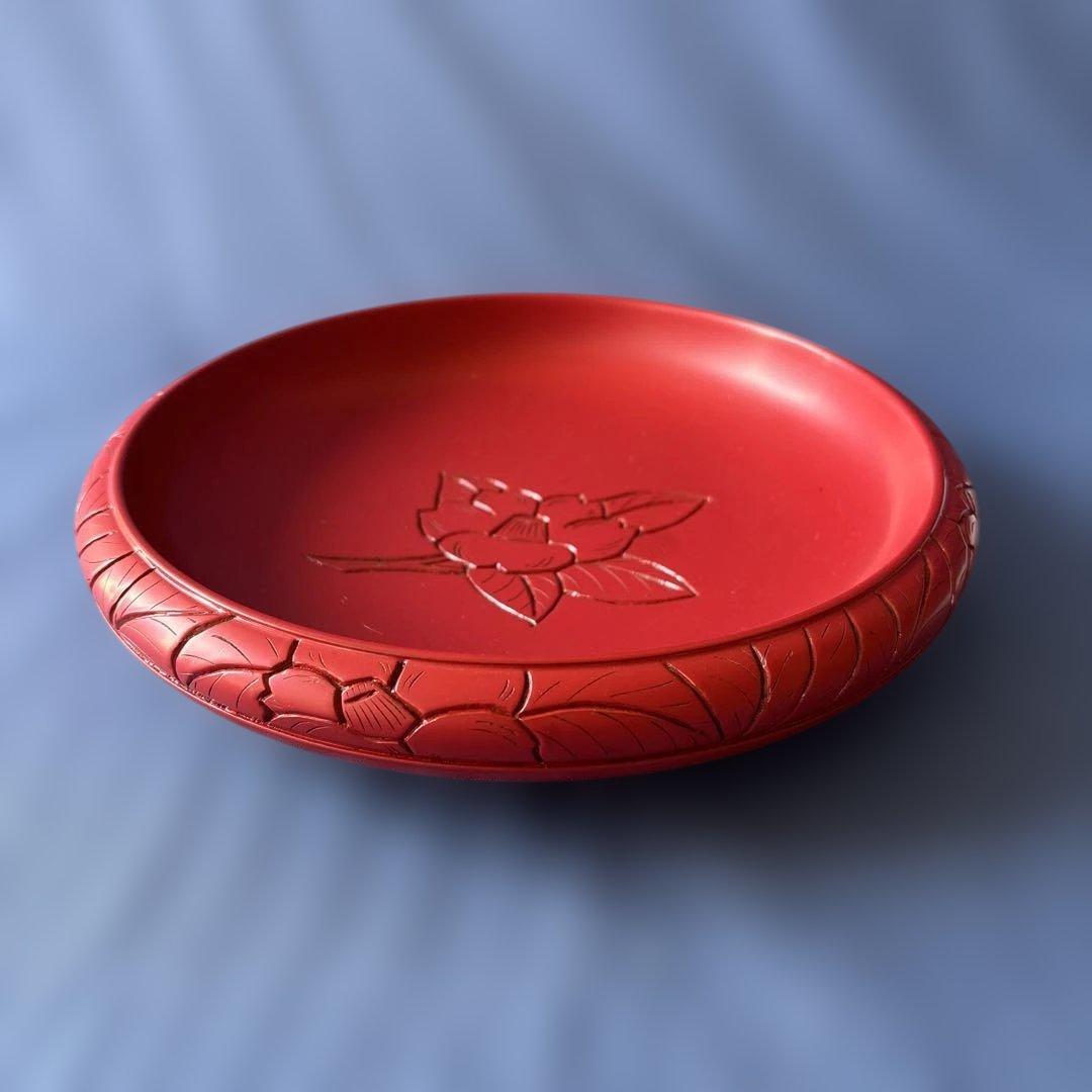 新潟 村上木彫堆朱　鉄鉢型小鉢（大）菓子器/うるし塗り 天然木　椿絵