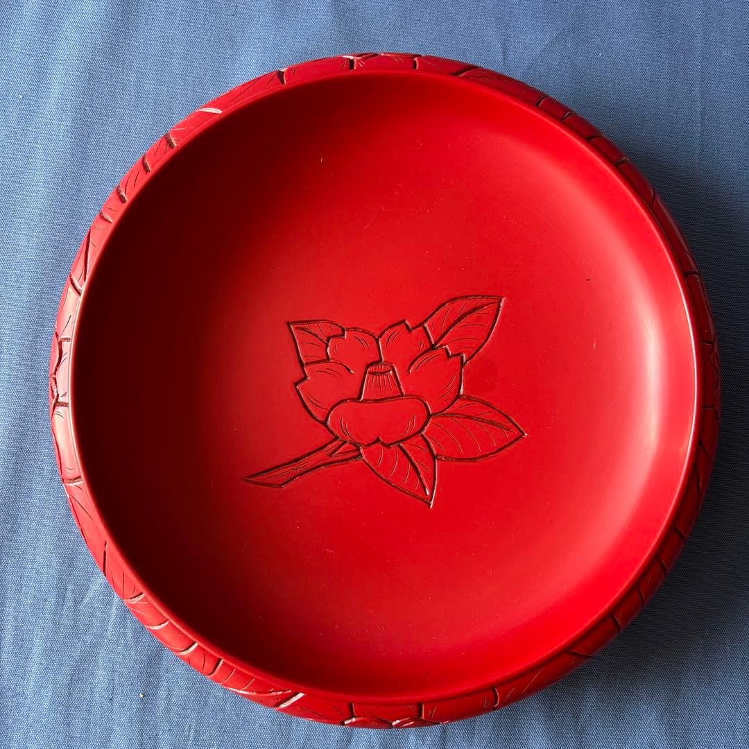 新潟 村上木彫堆朱　鉄鉢型小鉢（大）菓子器/うるし塗り 天然木　椿絵