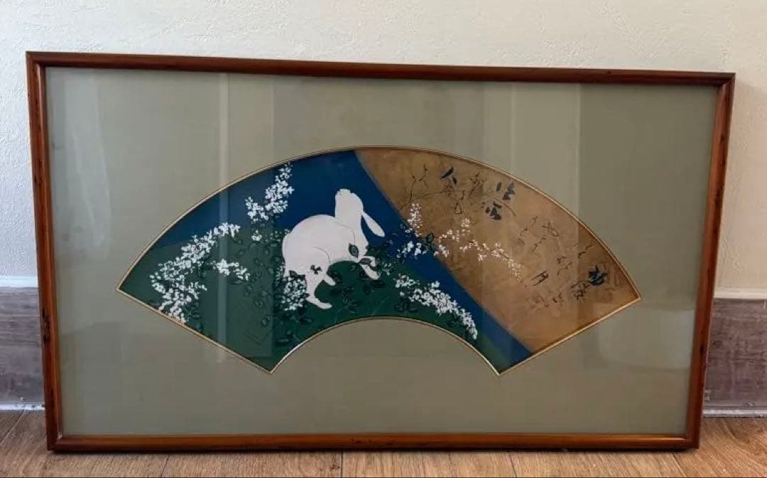 真作保証日本画 71 × 41 cm 扇面画｜兎と秋草 月に想いを馳せて｜額装済