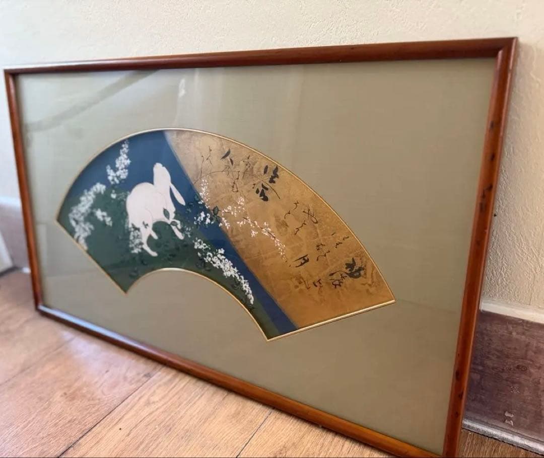 真作保証日本画 71 × 41 cm 扇面画｜兎と秋草 月に想いを馳せて｜額装済