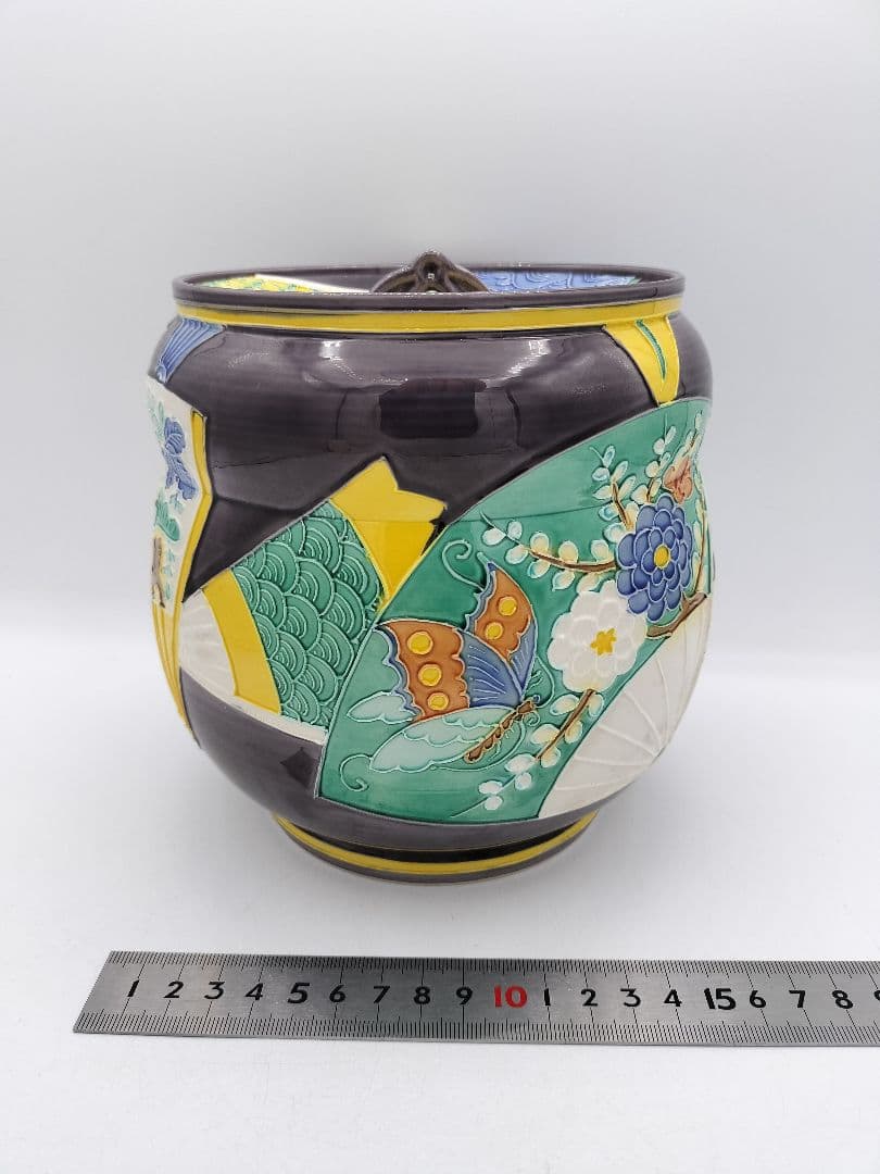 c565 皆具 紫交趾 扇面 平安清鳳 木箱 茶道具 古物