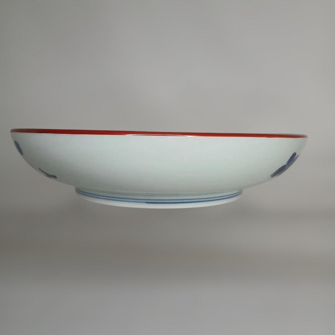 有田焼　(館林)喜助 作　『染錦椿盆栽　七寸深皿』　共箱付き