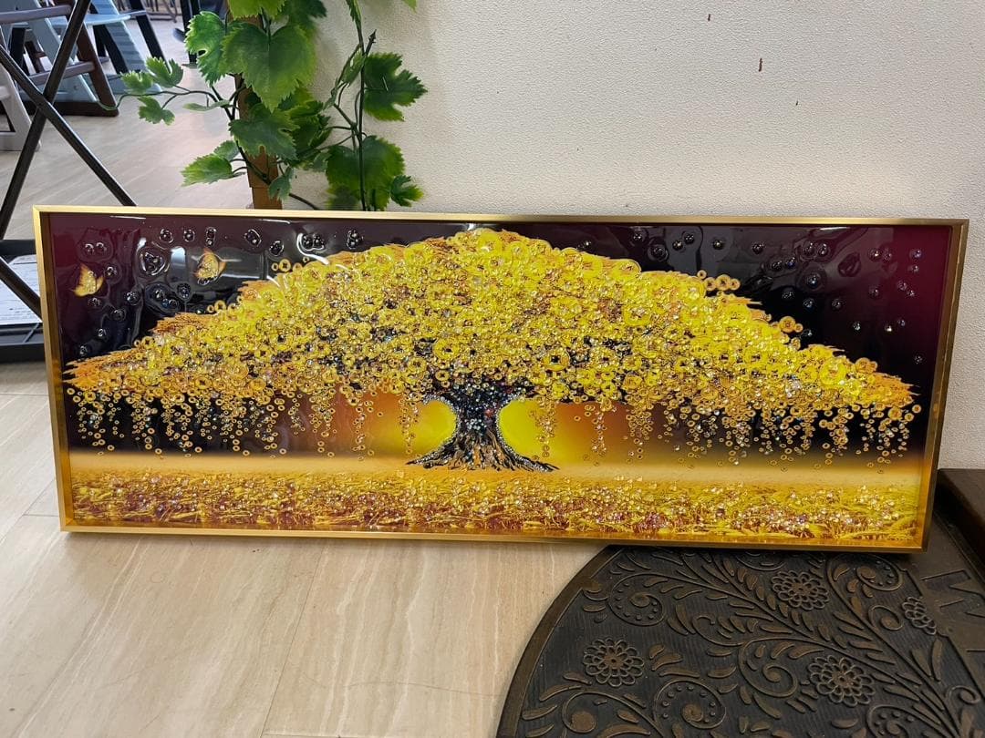 水晶絵　アートパネル　金のなる木　金運　クリスタル　立体　絵画　アート　ゴールド
