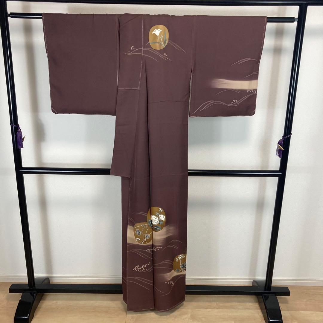ZF-1348 訪問着 作家物 落款 モダン ハイセンス 正絹 共八掛 小豆色